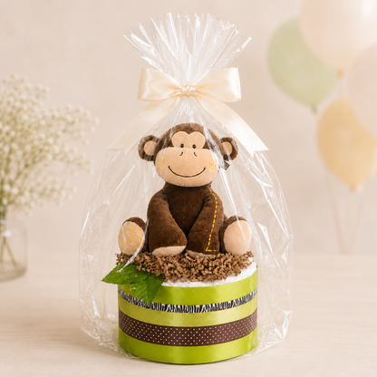Windeltorte SAFARI mit Affen-Spieluhr - Geschenk zur Geburt