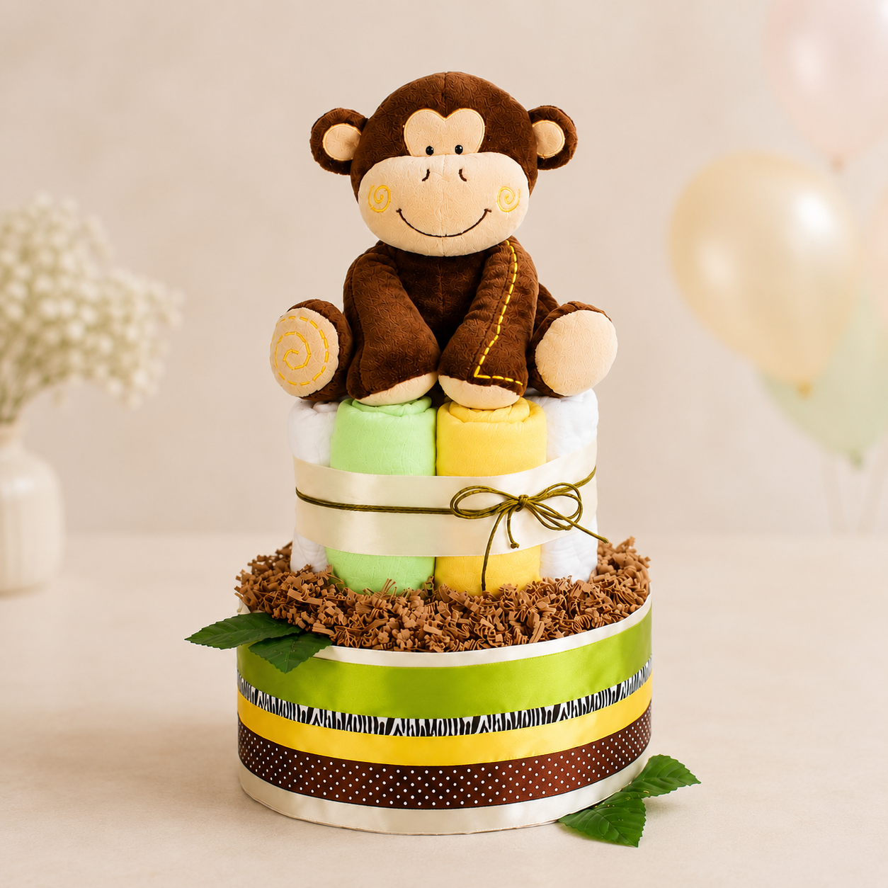 Große Windeltorte SAFARI mit Affen-Spieluhr - Geschenk zur Geburt