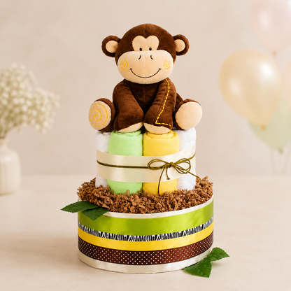 Große Windeltorte SAFARI mit Affen-Spieluhr - Geschenk zur Geburt