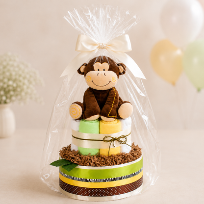 Große Windeltorte SAFARI mit Affen-Spieluhr - Geschenk zur Geburt