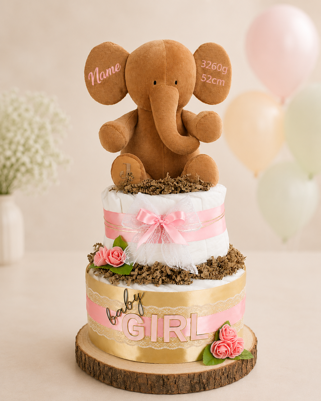 Große Windeltorte 2-stöckig | LITTLE PEANUT rosa | personalisierbar