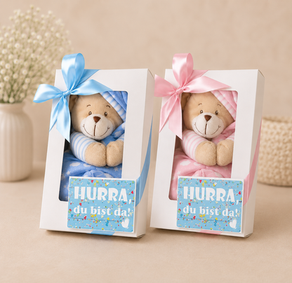 Baby Musikspieluhr in blau rosa | Geschenkbox Spieluhr Bär + Grußkarte