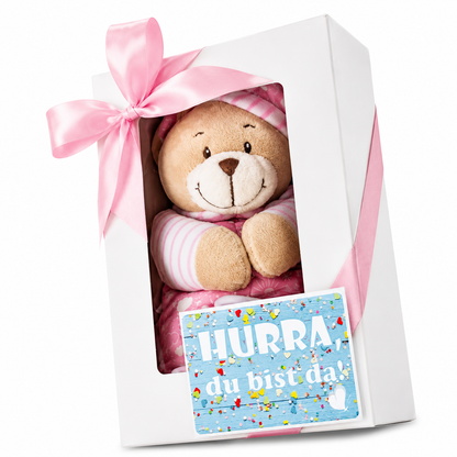 Baby Musikspieluhr in blau rosa | Geschenkbox Spieluhr Bär + Grußkarte