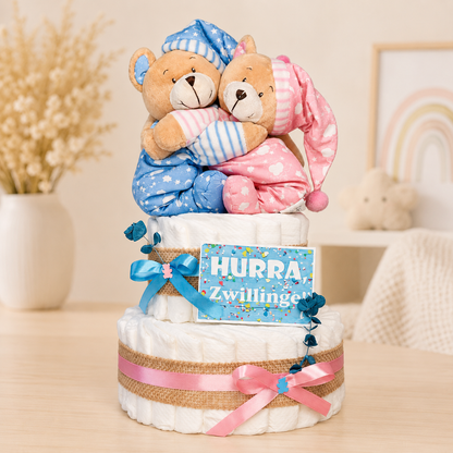 Windeltorte Zwillinge Bärengeschwister rosa/blau