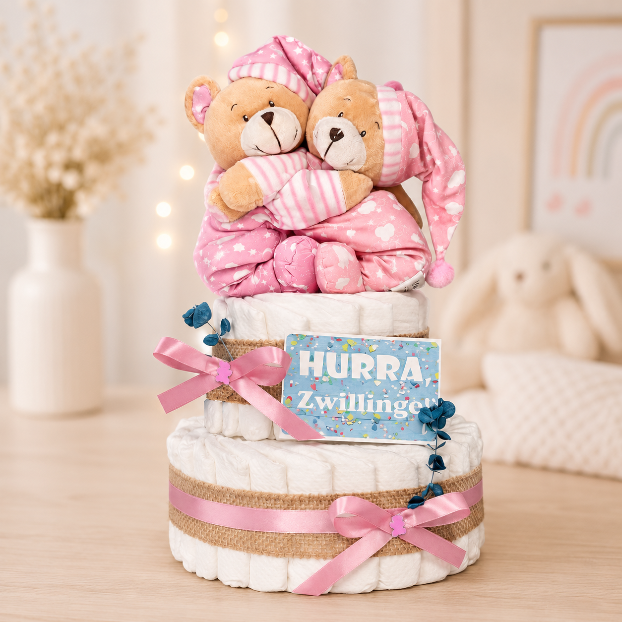 Windeltorte Zwillinge Bärenschwestern rosa/rosa