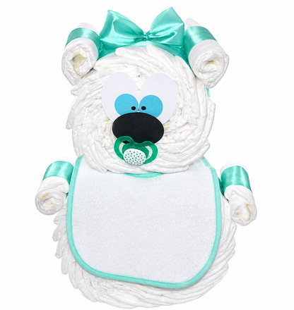 Windeltorte Windelbär türkis | optional Baby Lätzchen mit Namen bedruckt