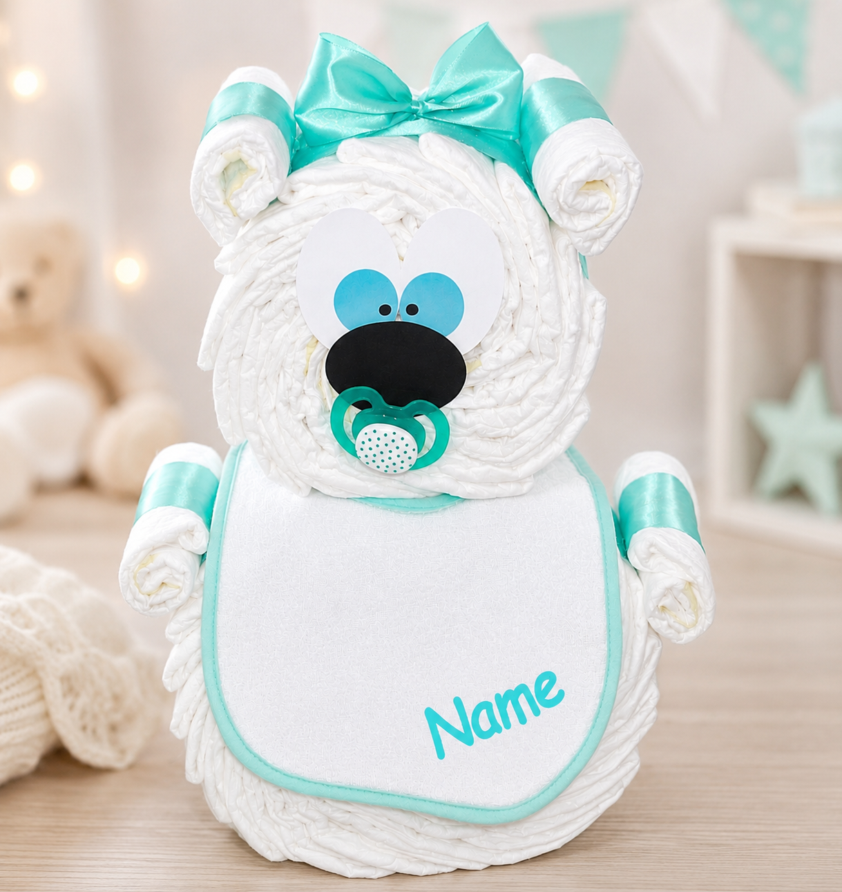 Windeltorte Windelbär türkis | optional Baby Lätzchen mit Namen bedruckt