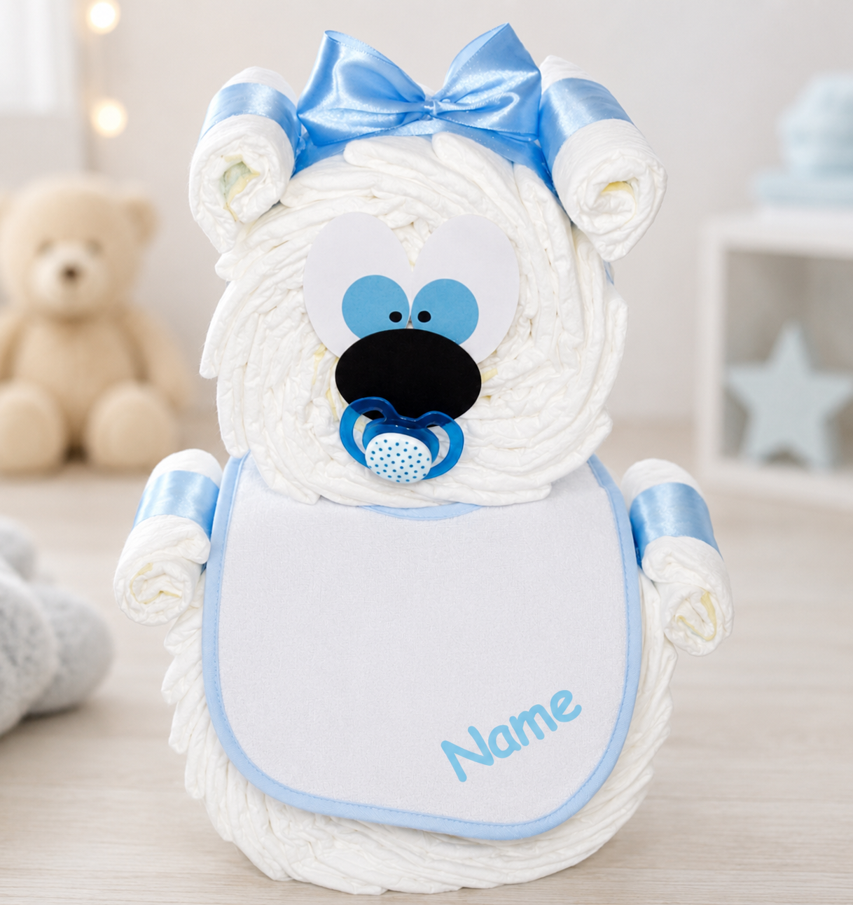 Windeltorte Windelbär blau | optional Lätzchen mit Namen bedruckt