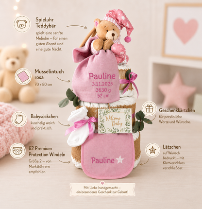 Premium Windeltorte rosa | Spieluhr Teddybär, Musselintuch, Lätzchen | Personalisierbar | 4-stöckig