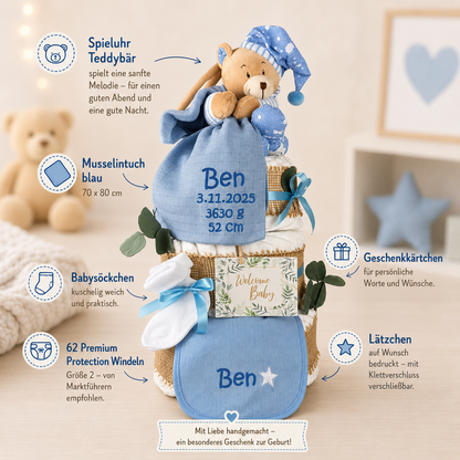 Premium Windeltorte blau | Spieluhr Teddybär, Musselintuch, Lätzchen | Personalisierbar | 4-stöckig