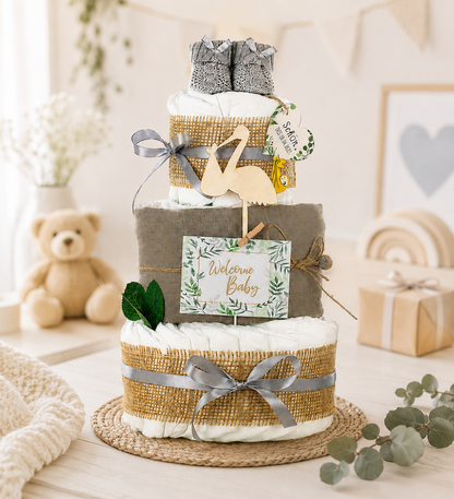 Neutrale Windeltorte Storch mit Bündel | inkl. Babybooties und Mullwindel | grau