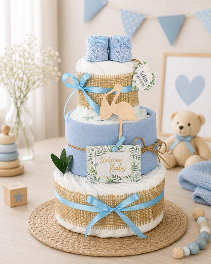 Windeltorte Storch mit Bündel | inkl. Babybooties und Mullwindel | blau