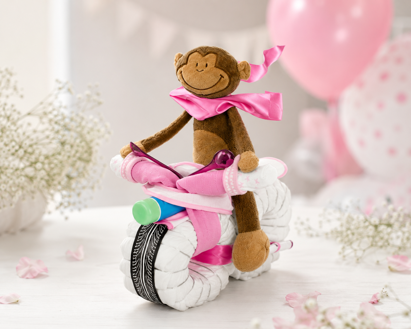 Windeltorte Motorrad ROCKSTAR + Fahrer Schlenkeraffe rosa