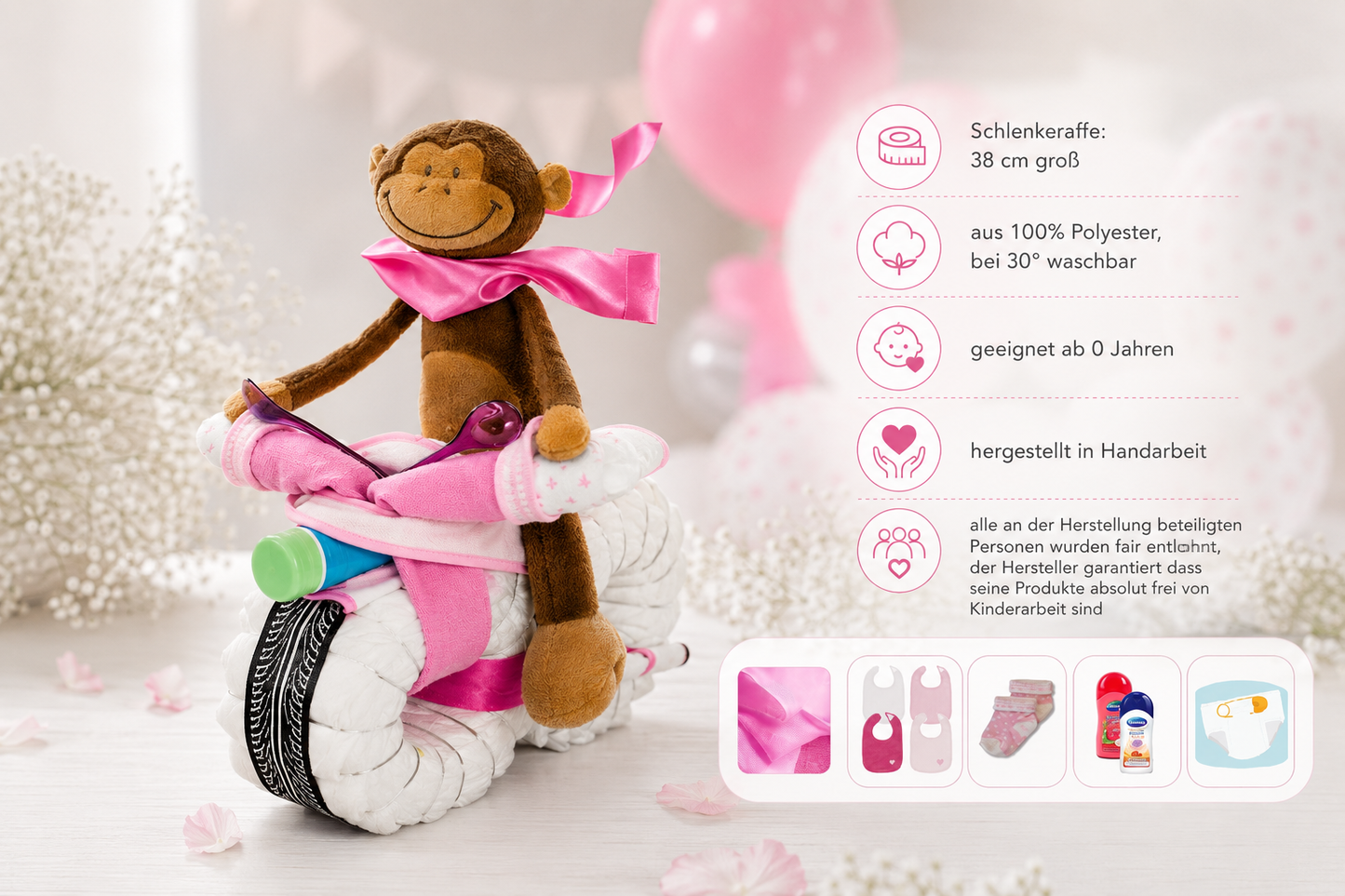 Windeltorte Motorrad ROCKSTAR + Fahrer Schlenkeraffe rosa