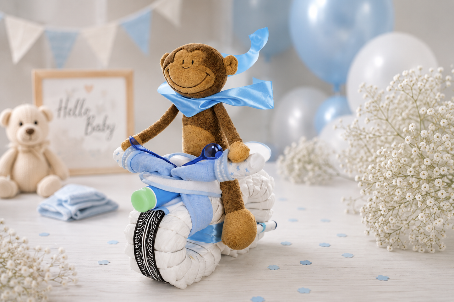 Windeltorte Motorrad ROCKSTAR + Fahrer Schlenkeraffe blau