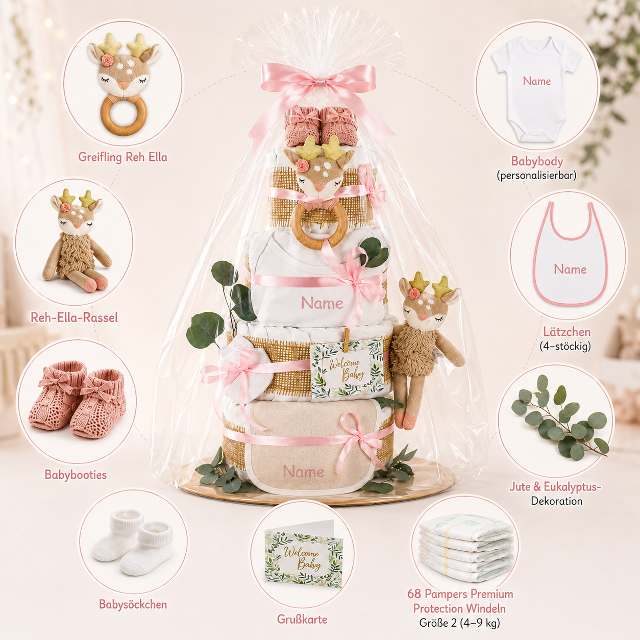 Personalisierbare Windeltorte REH ELLA Rosa