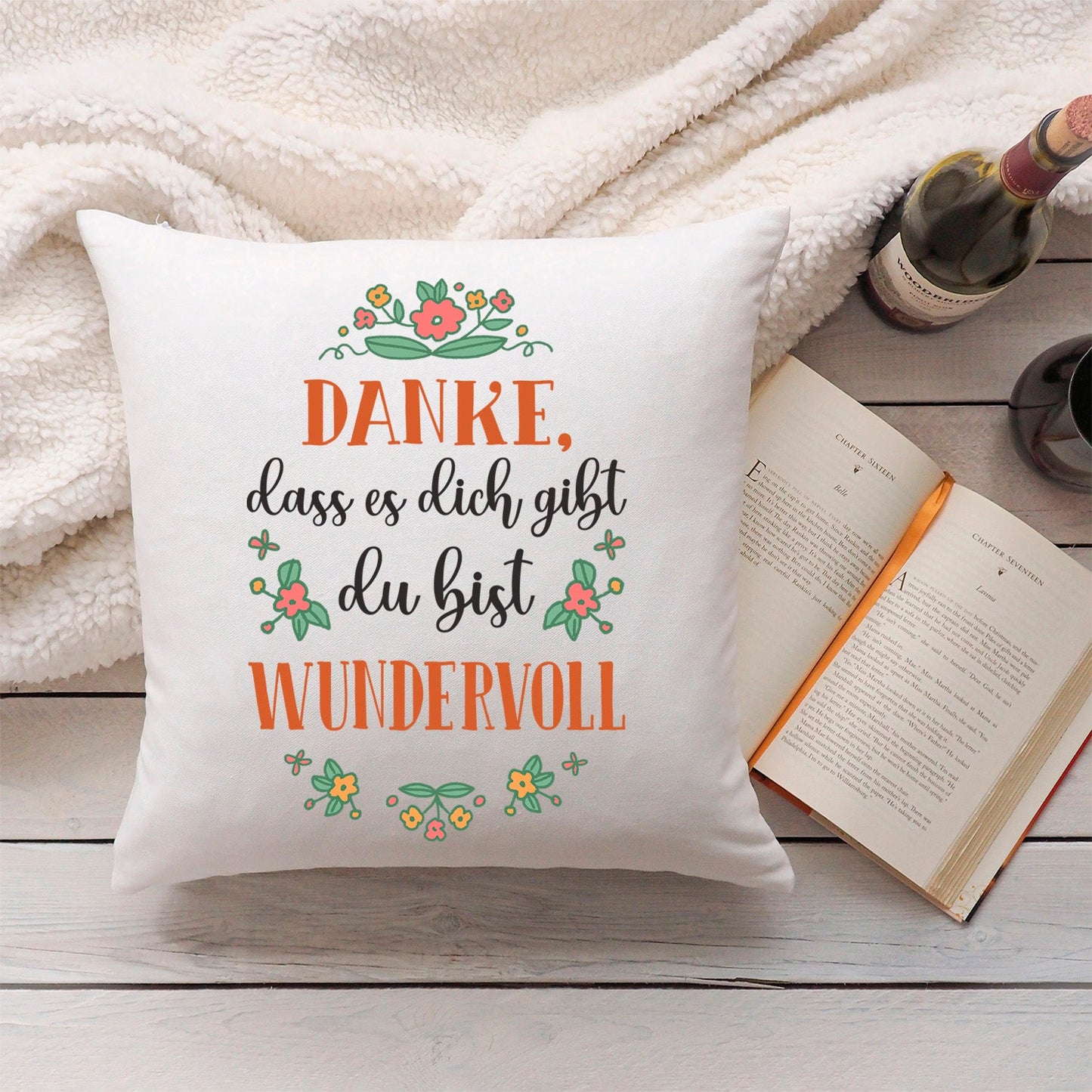 Bedrucktes Kissen mit Spruch Danke, dass es dich gibt du bist wundervoll