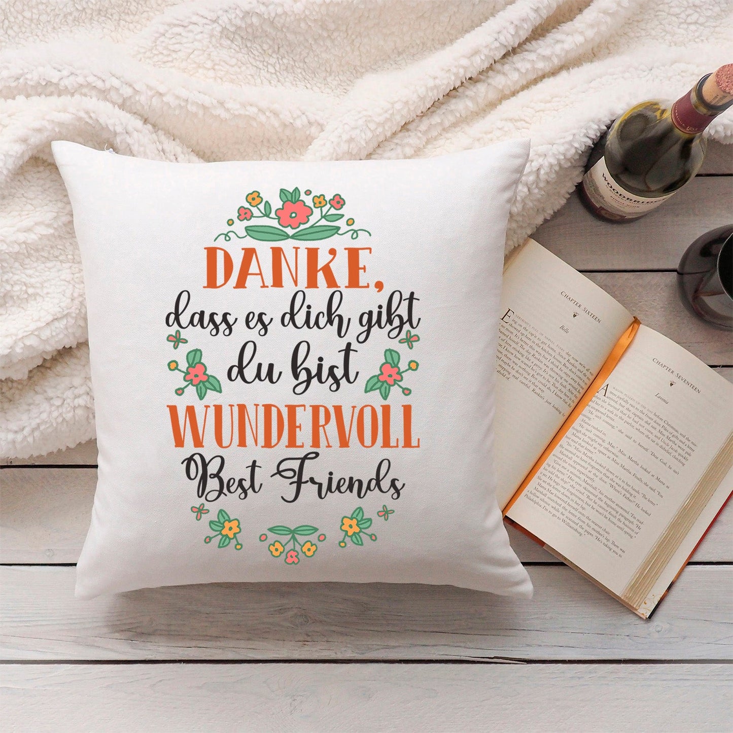 Bedrucktes Kissen mit Spruch Danke, dass es dich gibt du bist wundervoll