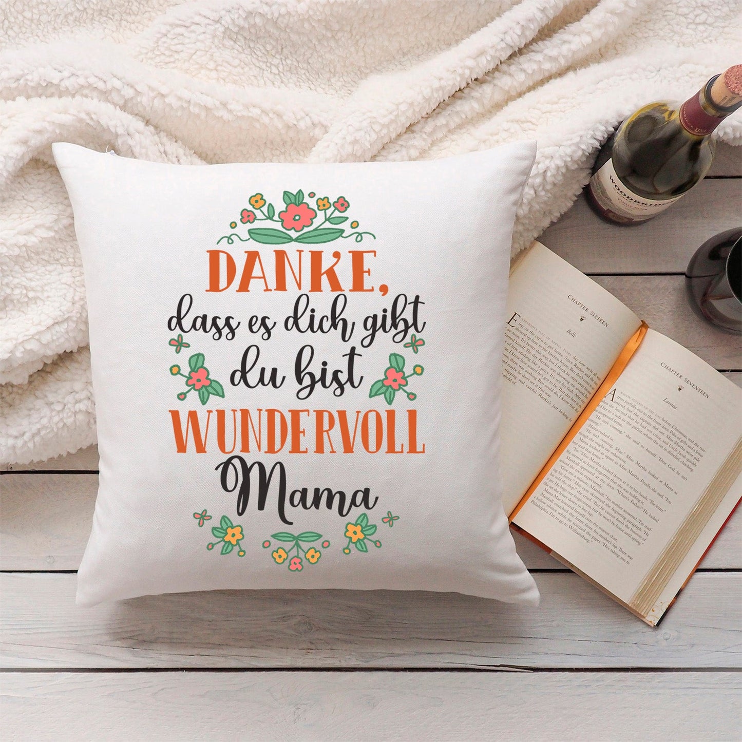 Bedrucktes Kissen mit Spruch Danke, dass es dich gibt du bist wundervoll