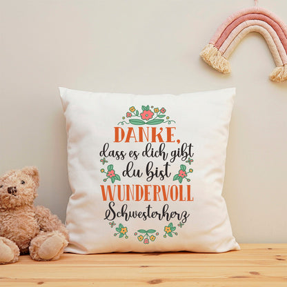 Bedrucktes Kissen mit Spruch Danke, dass es dich gibt du bist wundervoll