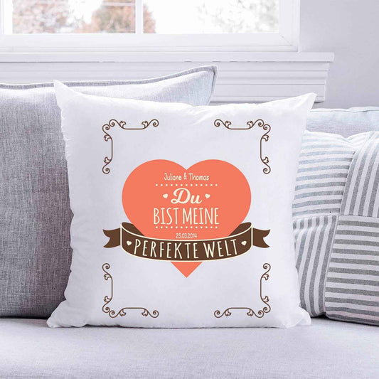 Bedrucktes Kissen mit Motiv Du bist meine perfekte Welt