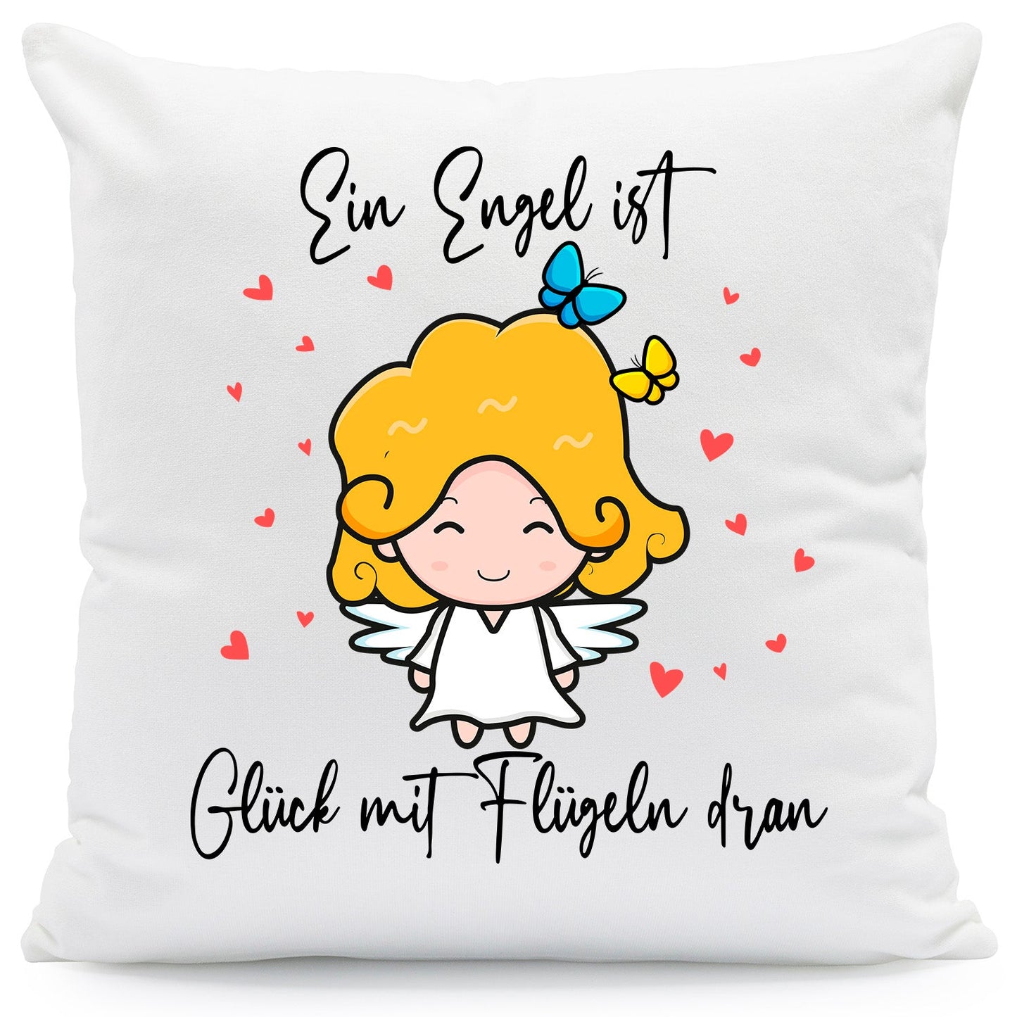 Bedrucktes Kissen mit Spruch Ein Engel ist Glück mit Flügeln dran