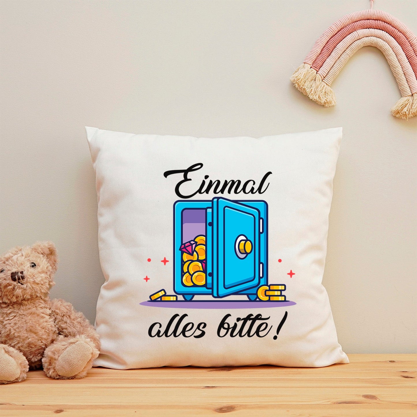 Bedrucktes Kissen mit Spruch Einmal alles bitte