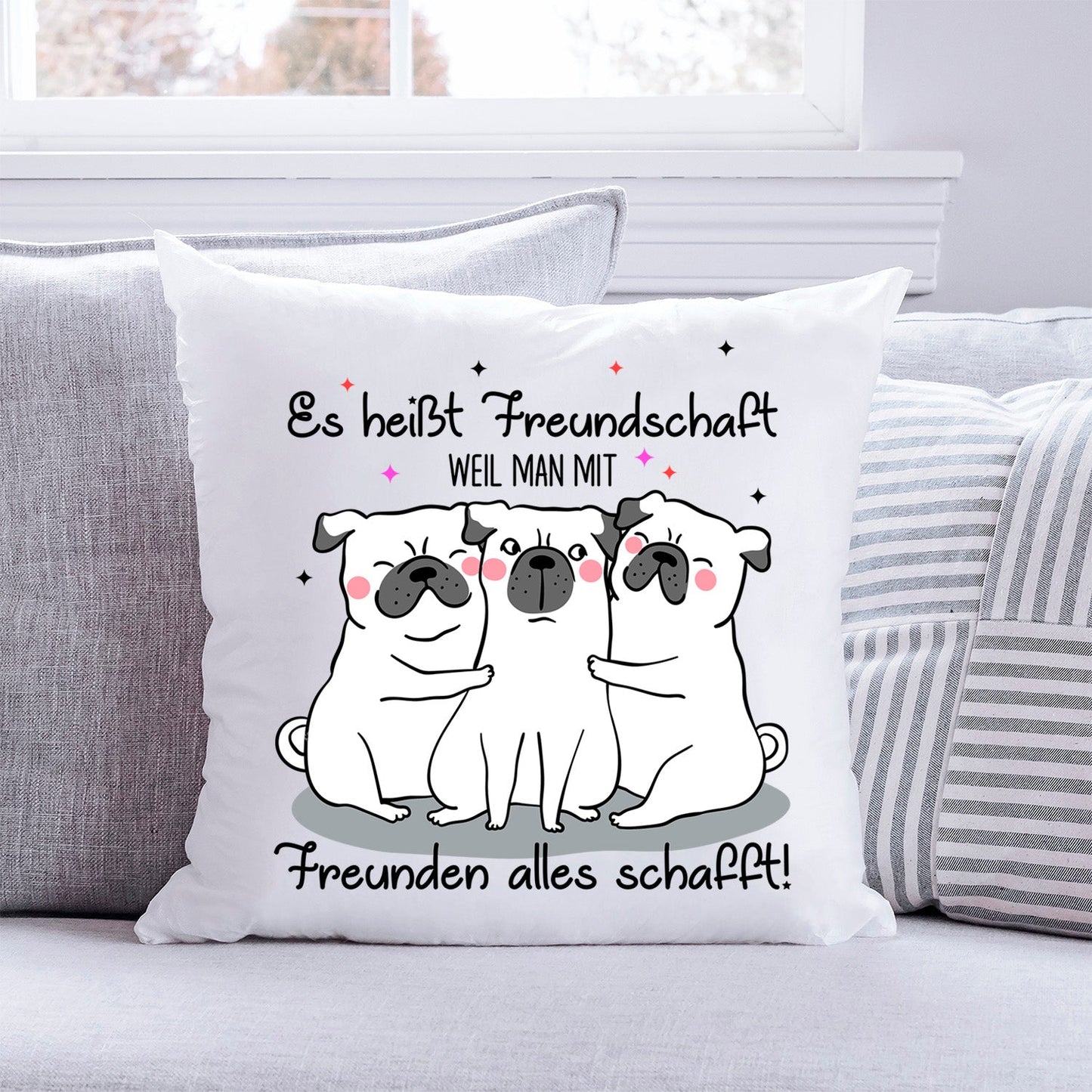 Bedrucktes Kissen mit Spruch Es heißt Freundschaft