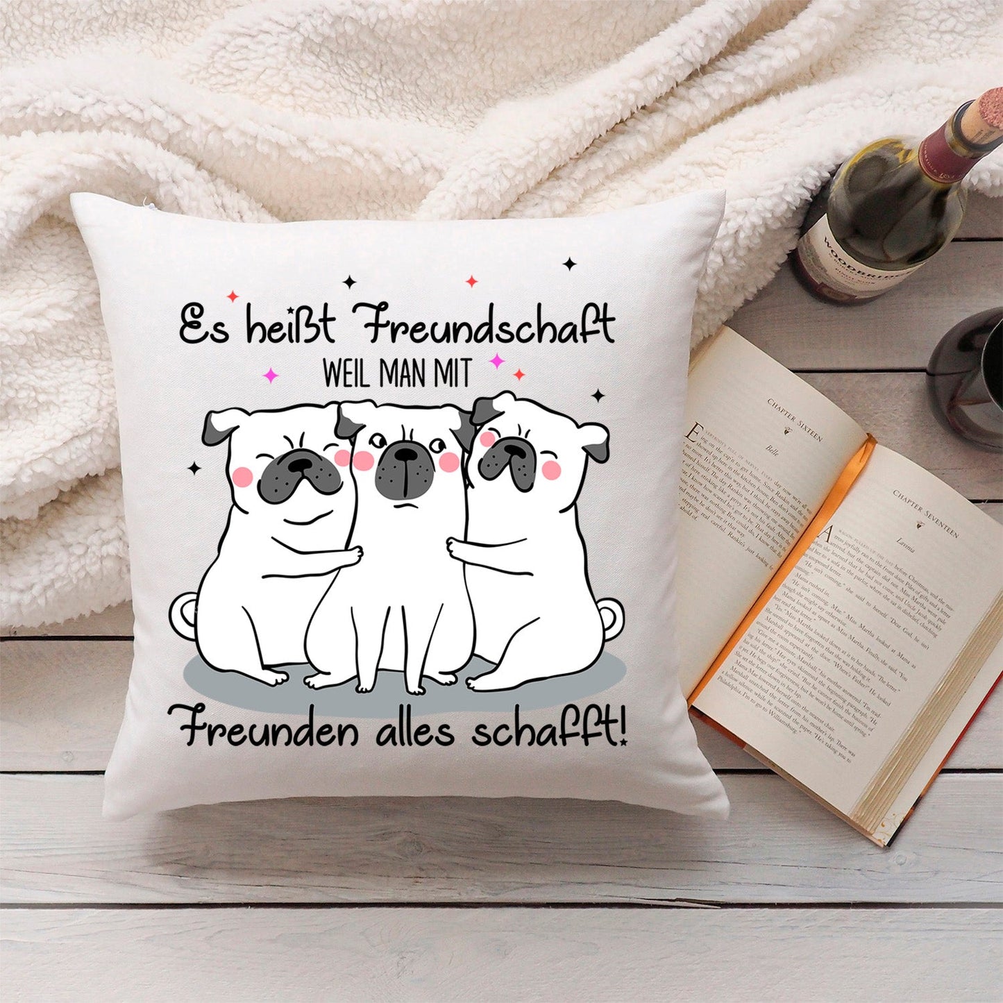 Bedrucktes Kissen mit Spruch Es heißt Freundschaft