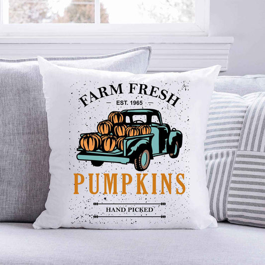 Bedrucktes Kissen mit Spruch Farm fresh pumpkins