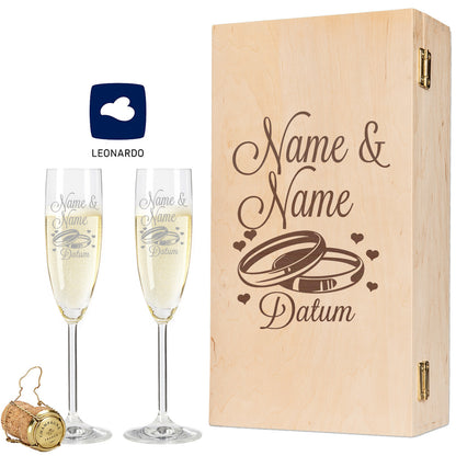 Leonardo Sektgläser mit Gravur im "Wedding" Design als Set + Holzkiste