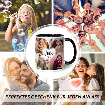 Bedruckte Tasse mit dem Spruch Love und acht eigenen Fotos