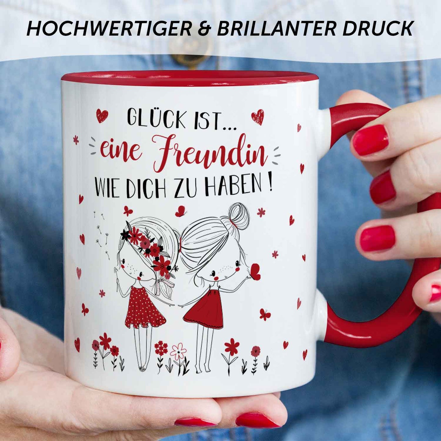 Bedruckte Tasse mit Spruch Glück ist eine Freundin