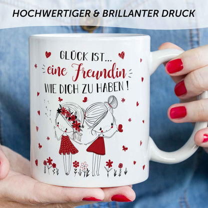 Bedruckte Tasse mit Spruch Glück ist eine Freundin