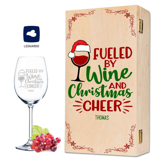 Leonardo Weinglas mit Gravur im "Fueled by Wine" Design inkl. Holzkiste