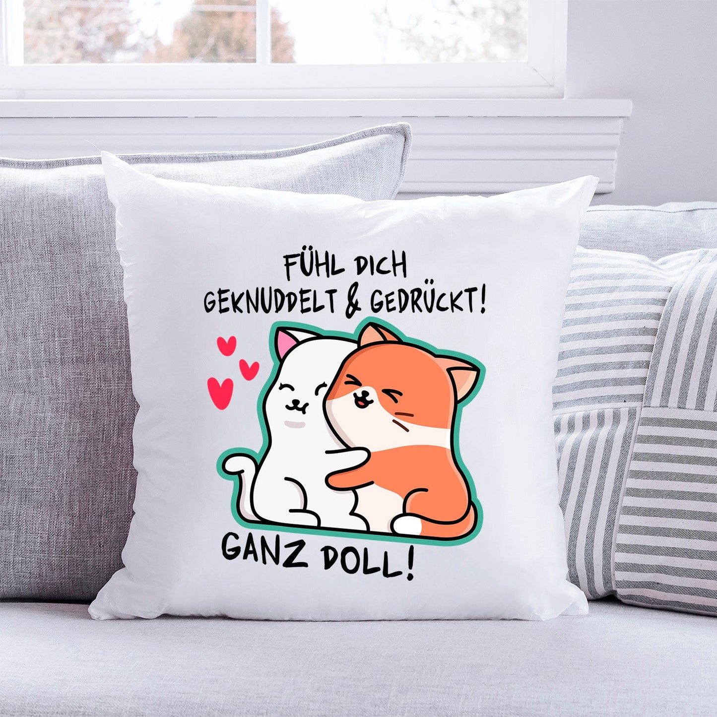 Bedrucktes Kissen mit Spruch Fühl dich geknuddelt und Gedrückt! Ganz Doll