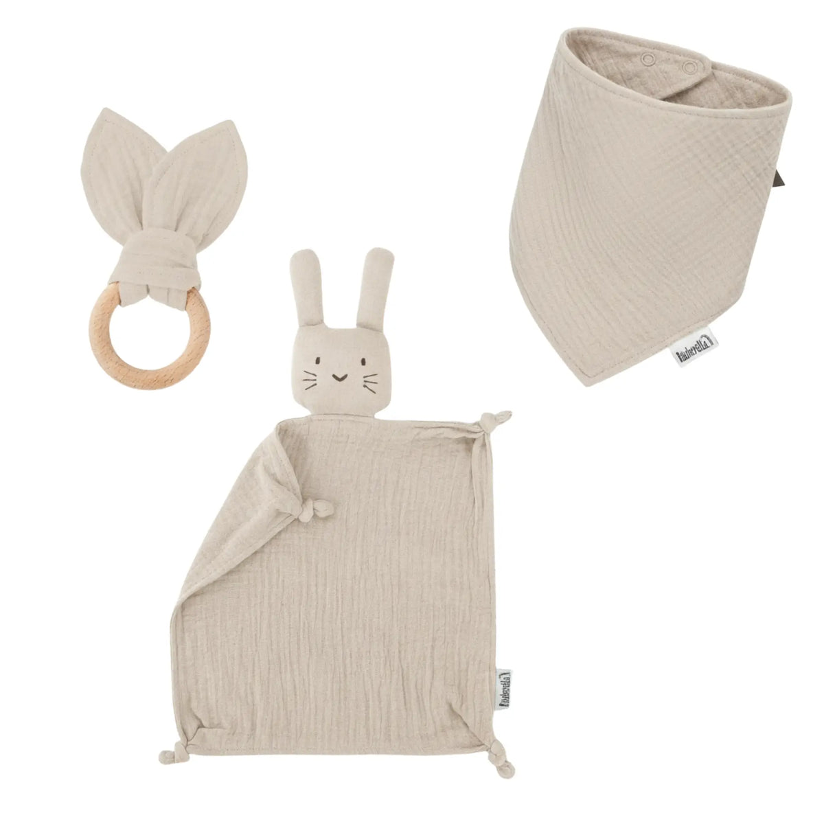 Baby Geschenkset Beige – Schmusetuch Hase, Holz-Beißring & Halstuch aus Musselin
