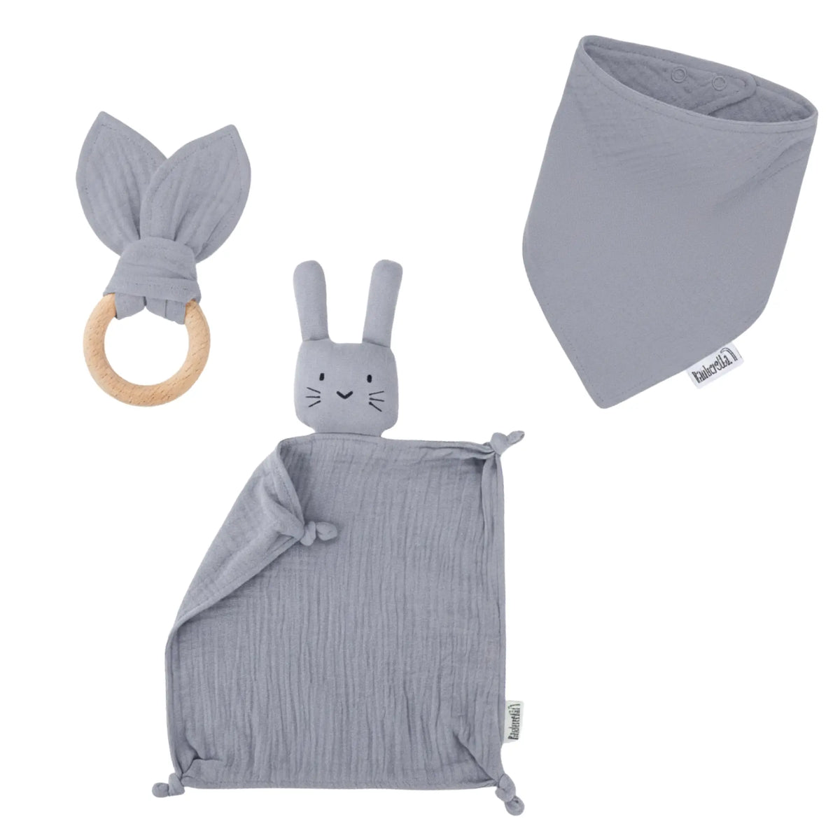 Baby Geschenkset Grau-Blau – Schmusetuch Hase, Holz-Beißring & Halstuch | Musselin