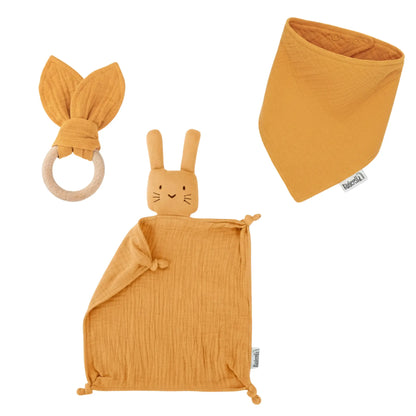 Baby Geschenkset Ocker – Schmusetuch Hase, Holz-Beißring & Halstuch | Musselin