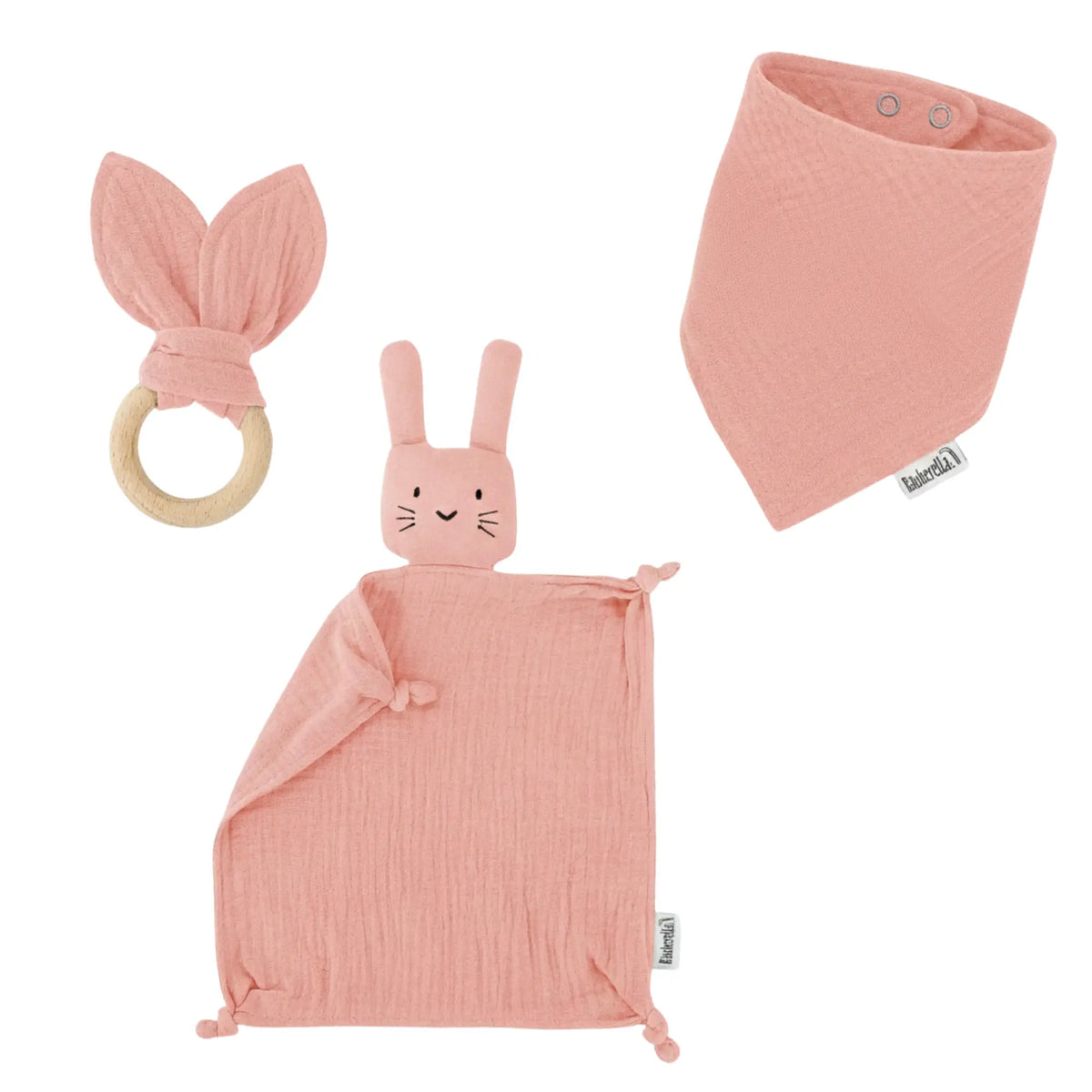 Baby Geschenkset Rosa – Schmusetuch Hase, Holz-Beißring & Halstuch | Musselin