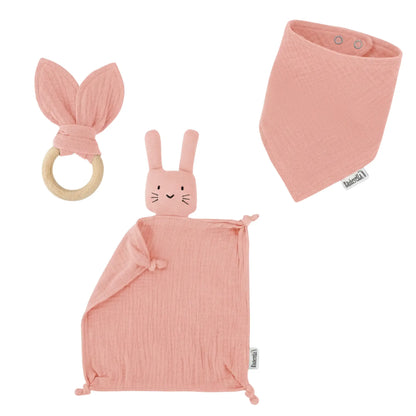 Baby Geschenkset Rosa – Schmusetuch Hase, Holz-Beißring & Halstuch | Musselin