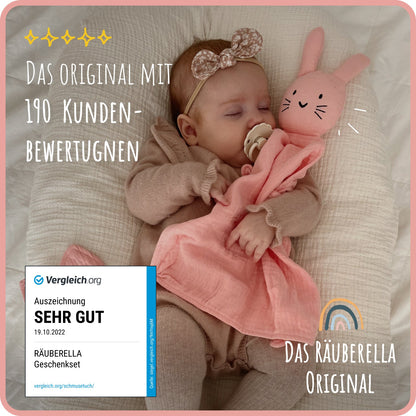Baby Geschenkset Rosa – Schmusetuch Hase, Holz-Beißring & Halstuch | Musselin