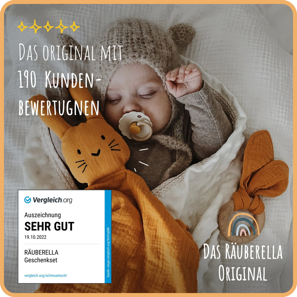 Baby Geschenkset Ocker – Schmusetuch Hase, Holz-Beißring & Halstuch | Musselin
