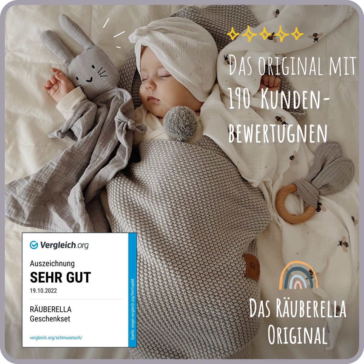 Baby Geschenkset Grau-Blau – Schmusetuch Hase, Holz-Beißring & Halstuch | Musselin