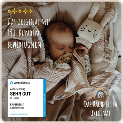 Baby Geschenkset Beige – Schmusetuch Hase, Holz-Beißring & Halstuch aus Musselin