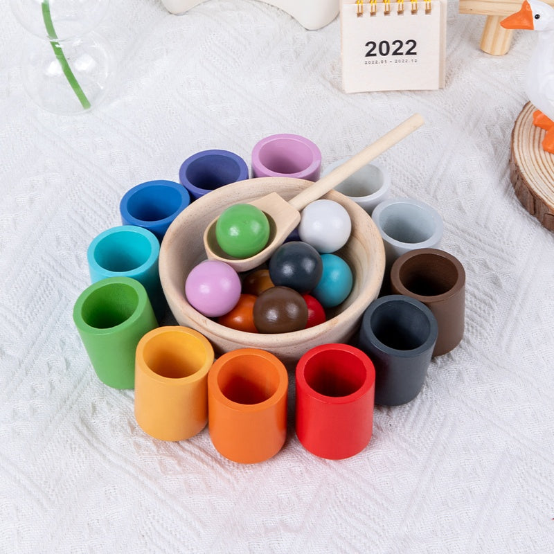 Montessori Kugel Sortier- und Zuordnungsspiel aus Holz mit 12 Farben – Puzzle für Farberkennung - im Holz Geschenkbox