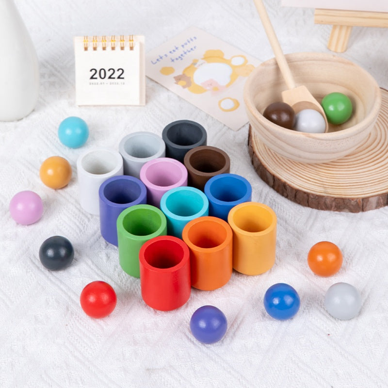 Montessori Kugel Sortier- und Zuordnungsspiel aus Holz mit 12 Farben – Puzzle für Farberkennung - im Holz Geschenkbox