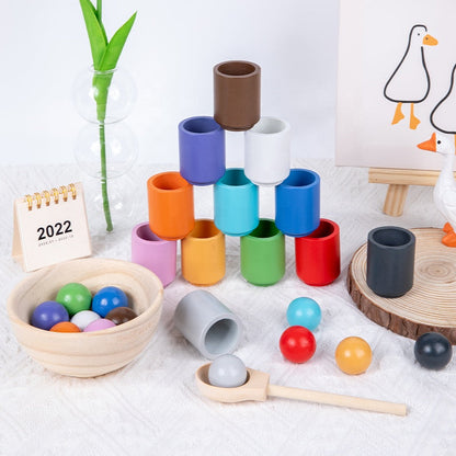 Montessori Kugel Sortier- und Zuordnungsspiel aus Holz mit 12 Farben – Puzzle für Farberkennung - im Holz Geschenkbox