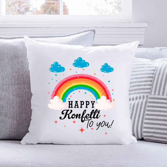 Bedrucktes Kissen mit Spruch Happy Konfetti to you!