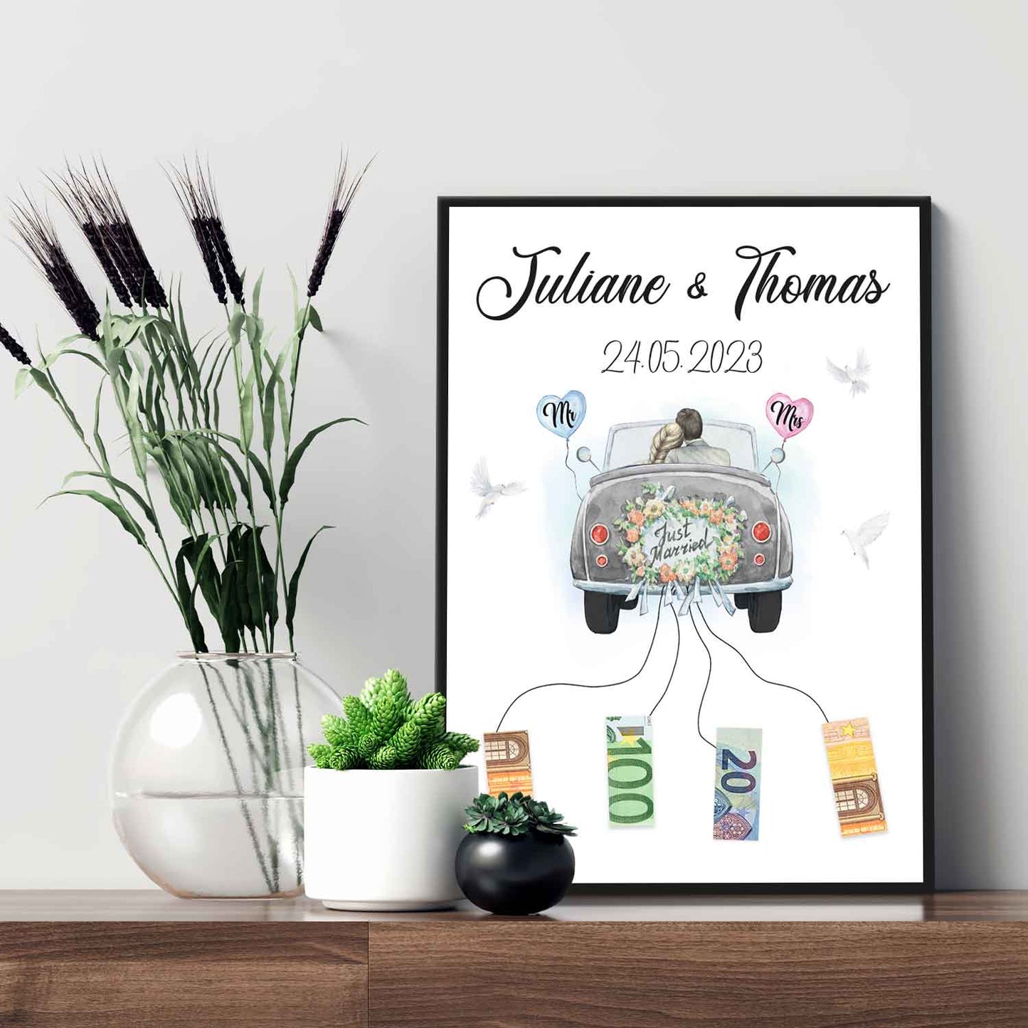 Hochzeitsgeschenk für das Brautpaar - Kunstdruck auf Holz - Personalisiert mit Namen & Datum